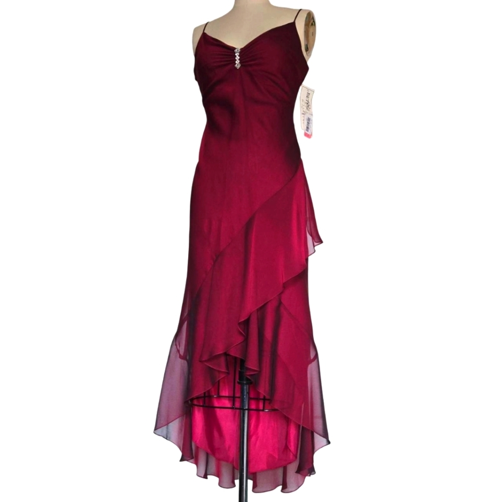 Betsy and Adam by Jaslene deadstock 1990s burgundy asymmetrical dress